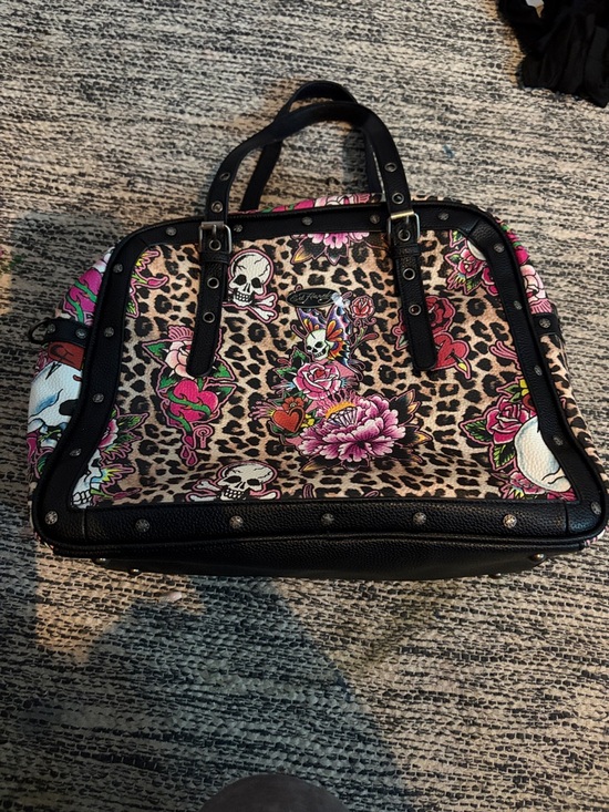 Ed Hardy Handbags - Ed Hardy Leopard Skull Floral Tote Bag in Black and Pink